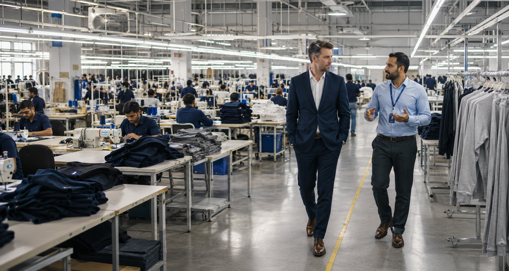 Modern garment production floor and customer visit at Velzio Apparel factory