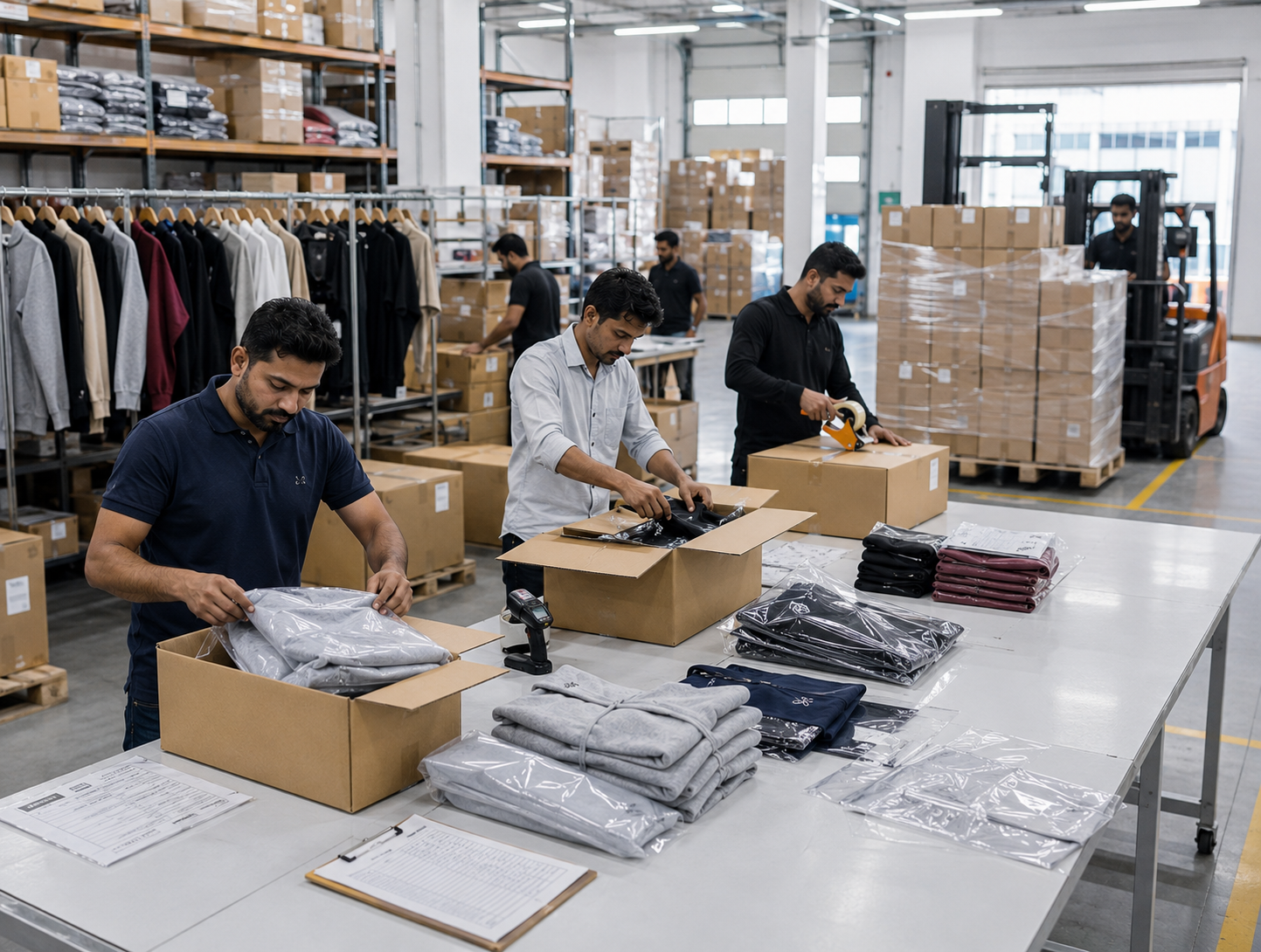 Professional export packing department preparing custom apparel for international shipment at a garment manufacturing facility in Sialkot, Pakistan.