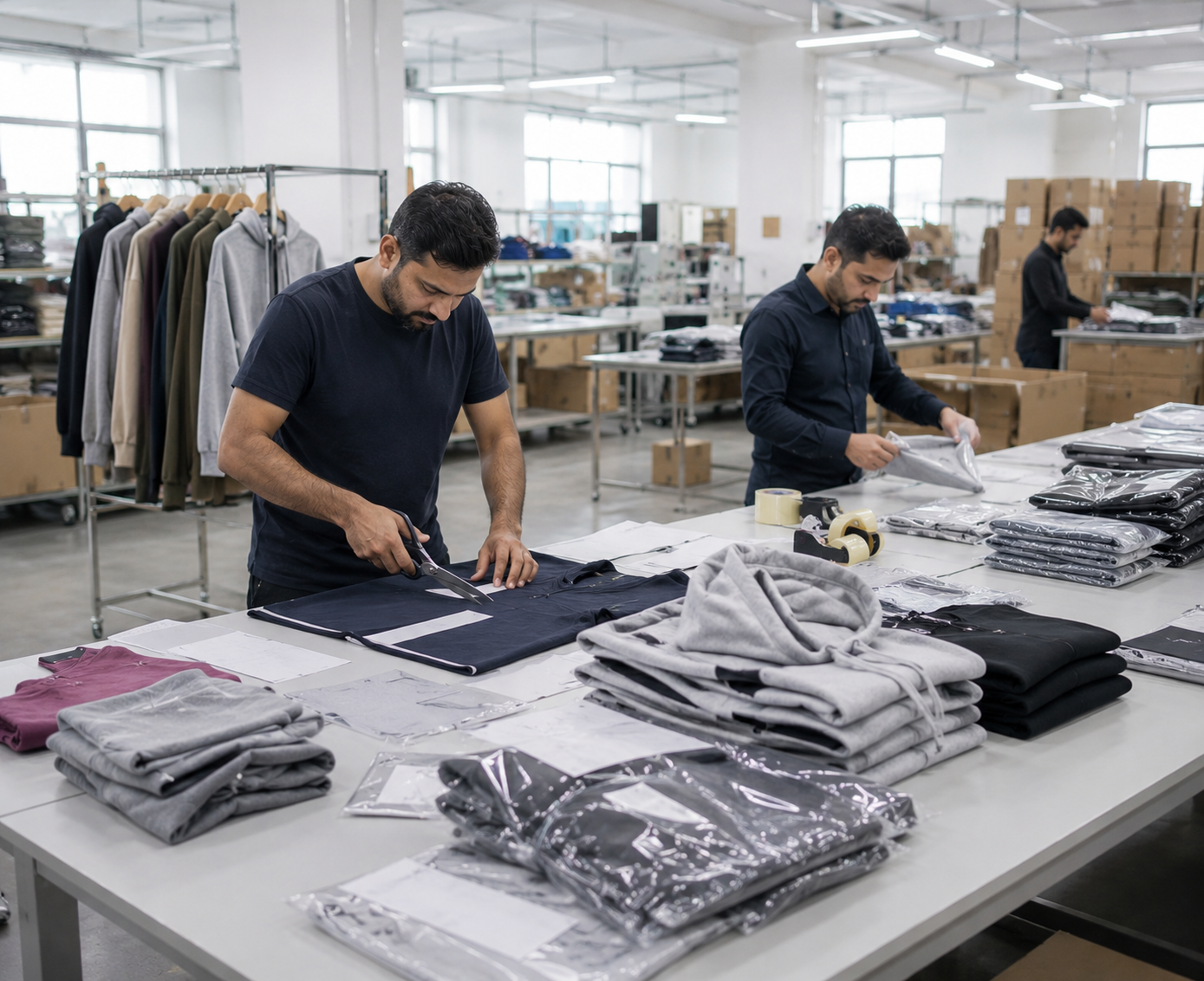 Professional quality control department inspecting custom apparel before export at Velzio Apparel garment manufacturing facility in Sialkot, Pakistan.