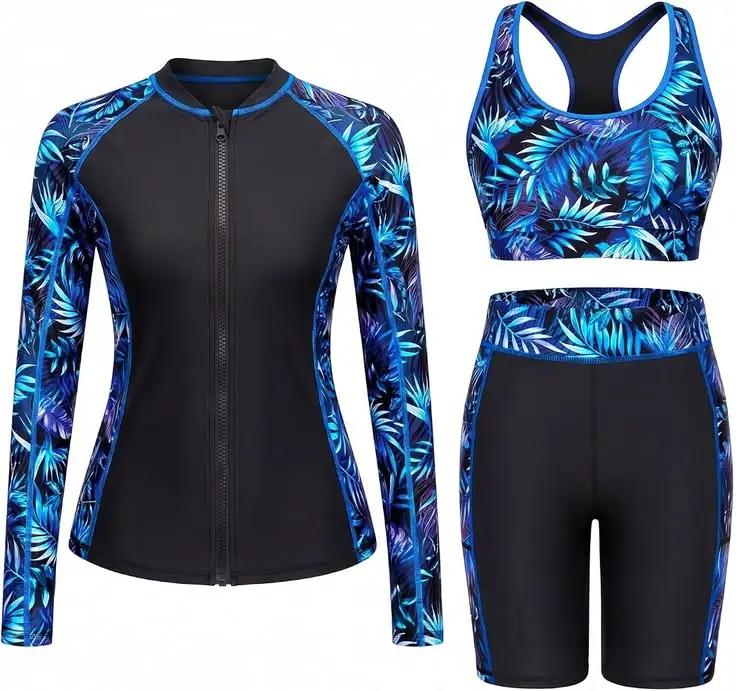 Custom swimwear collection featuring full sleeve Top, Bra and crop leggy