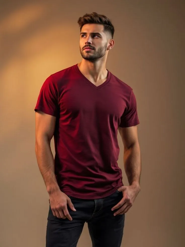 Private label V-neck T-shirt with clean neckline construction