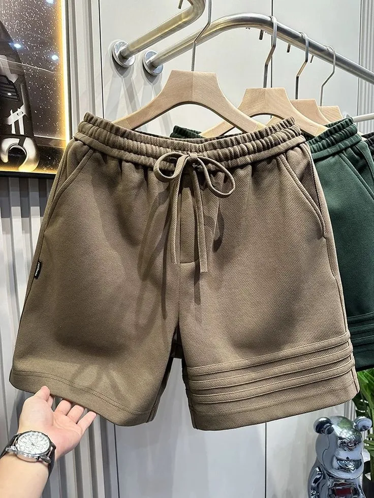 Custom casual shorts showing waistband drawcord pocket and hem proportions