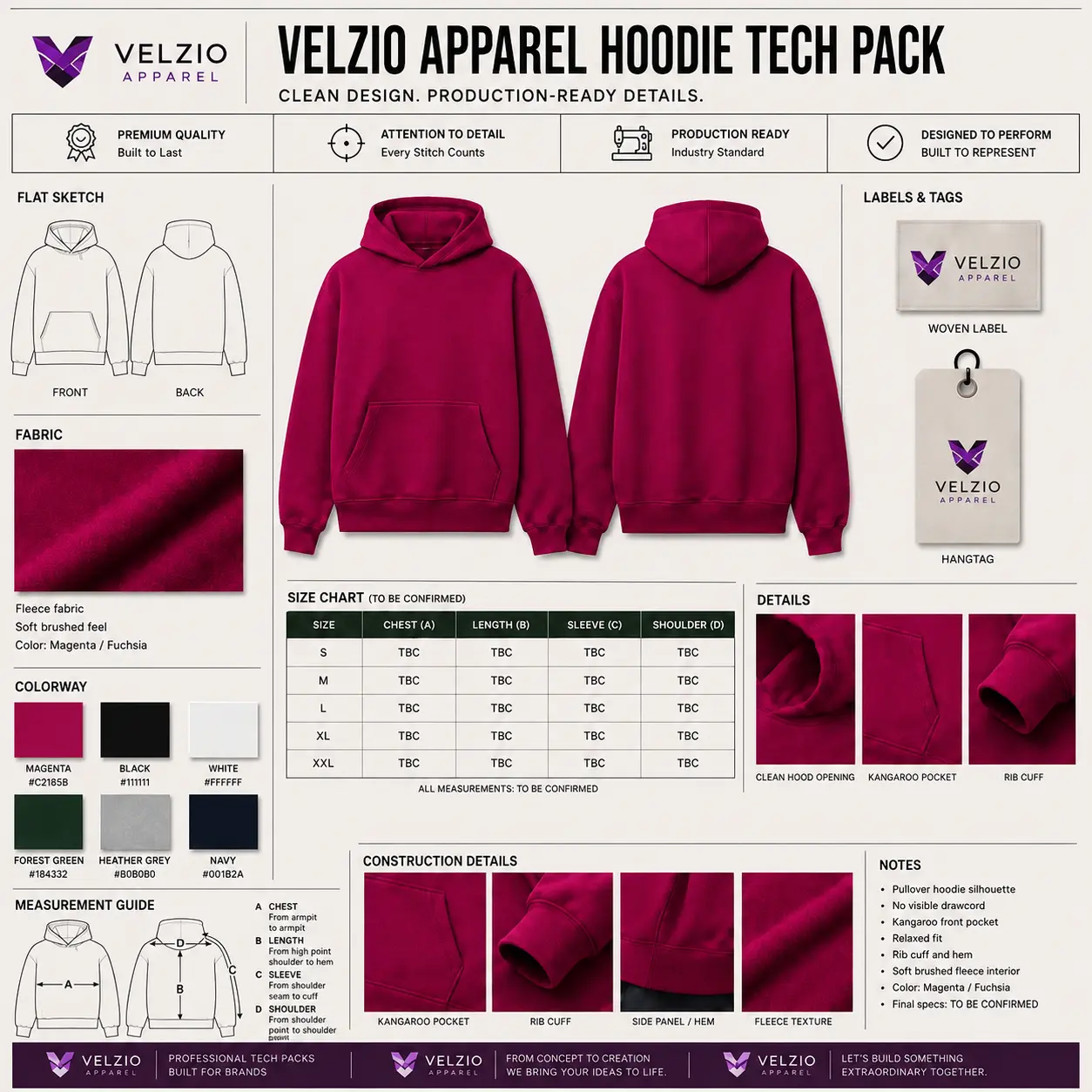 Custom hoodie sample measurements fit construction and artwork (Tech Pack) under review