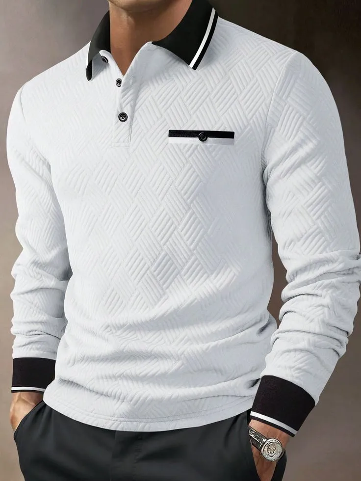Custom long sleeve polo shirt with structured collar and cuff detail