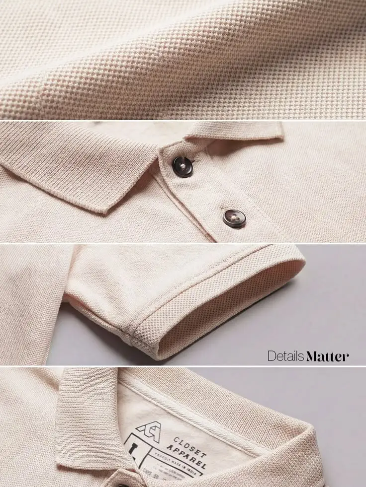 Custom polo shirt collar placket sleeve and hem construction details