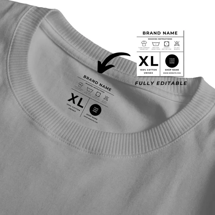 Custom woven neck label and care label attached to a private label T-shirt
