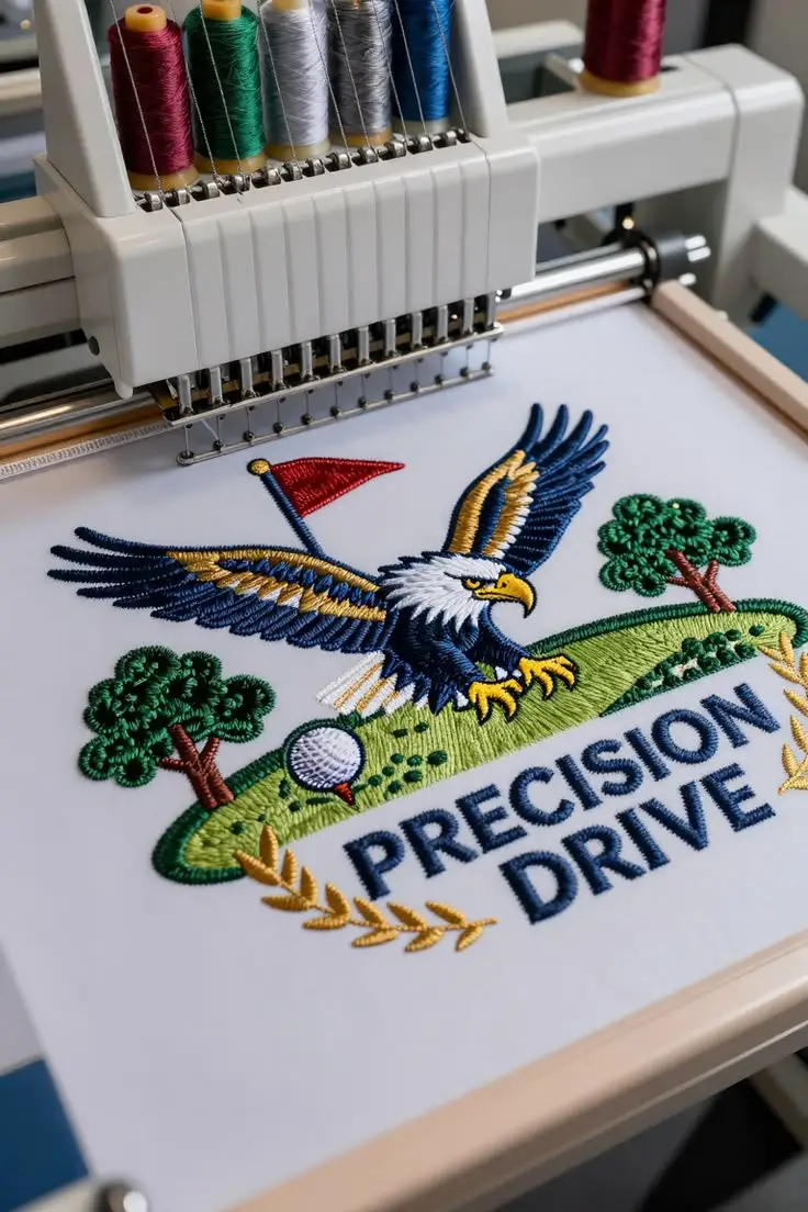 Detailed logo embroidery applied to a custom polo shirt chest