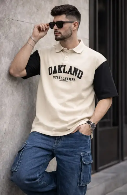 Oversized custom polo shirt with wide body and contemporary streetwear proportions