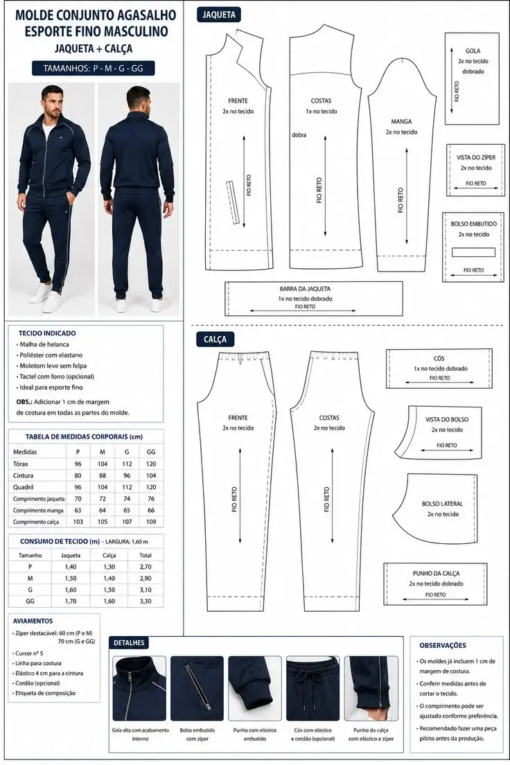 Tracksuit jacket and trouser patterns with coordinated panel and construction details