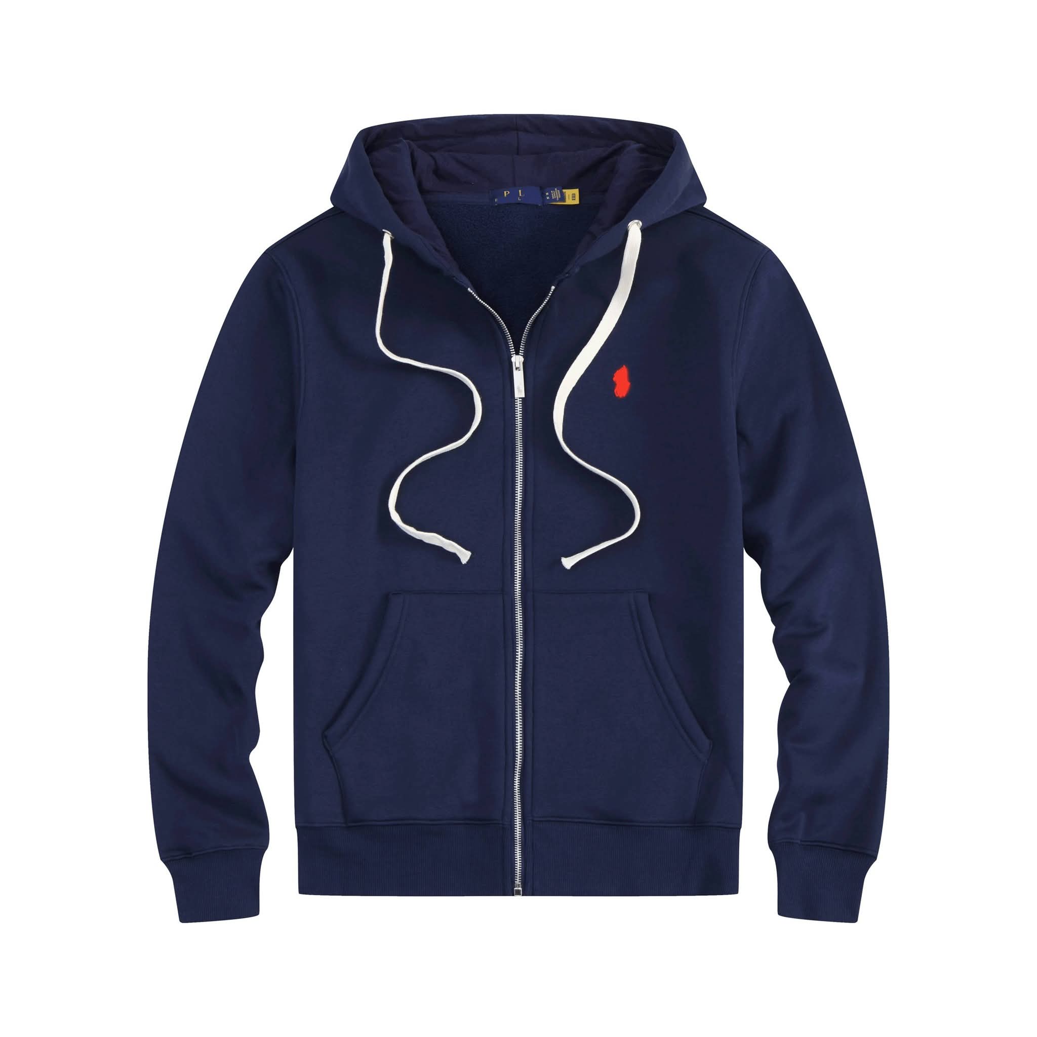 Custom full zip hoodie with divided pockets and clean zipper alignment
