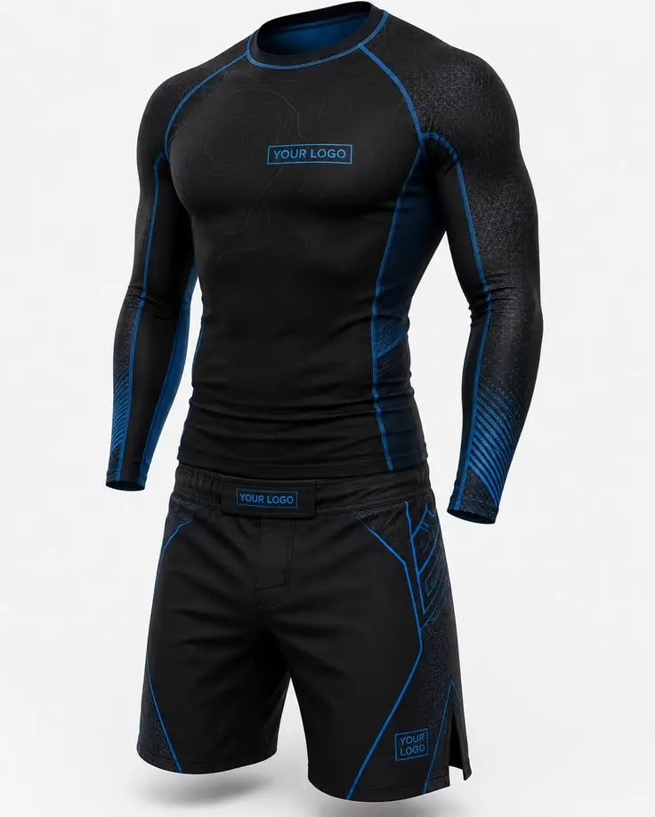 Custom long-sleeve rash guard and shorts with branded performance panels