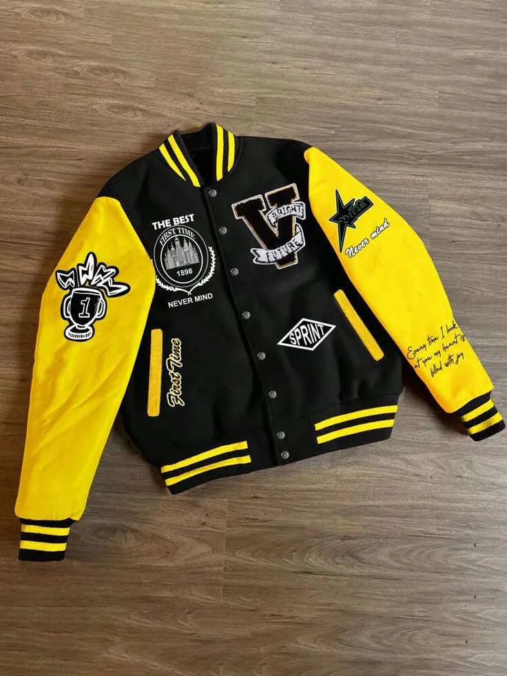 Custom varsity streetwear jacket with contrast sleeves, rib trims and embroidered patches