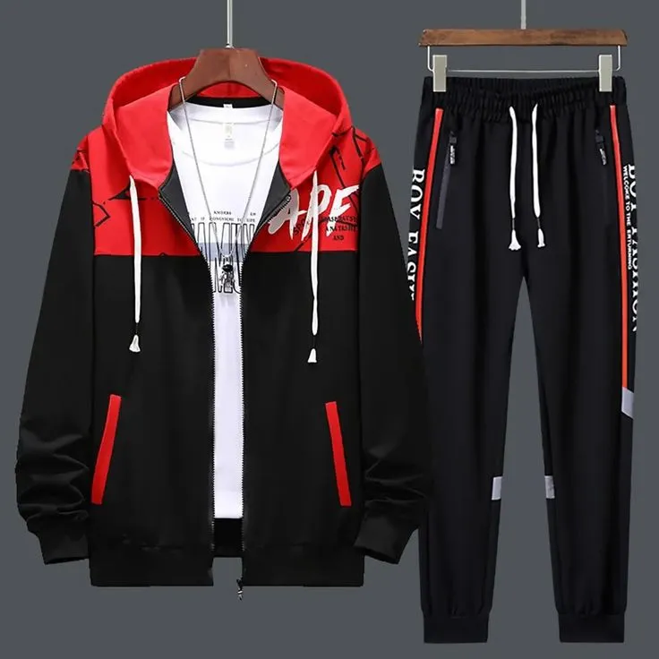 Custom streetwear tracksuit with coordinated jacket, trousers, panel lines and branded details