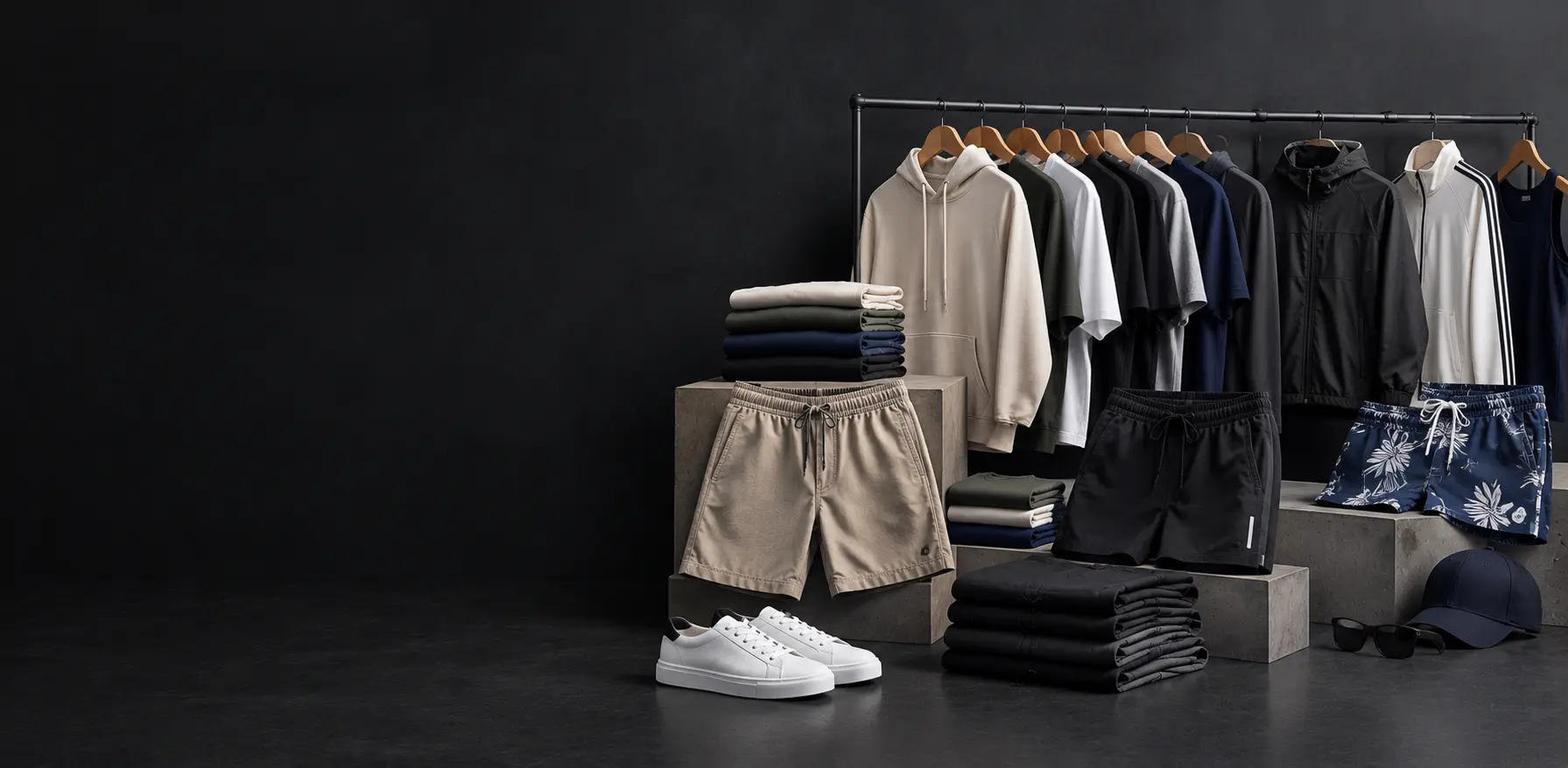 Casual wear, streetwear, activewear, sportswear and swimwear collection displayed for apparel brand development